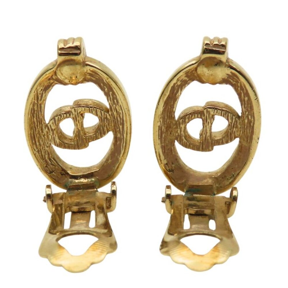 Christian Dior Earrings CD Logo Metal Rhinestone Gold Plated GP Accessories - Picture 3 of 9